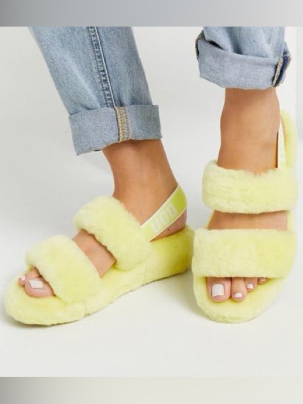 UGG Oh Yeah Fluffy Butter Yellow Sheepskin Slingback Plush Sandals Size 8